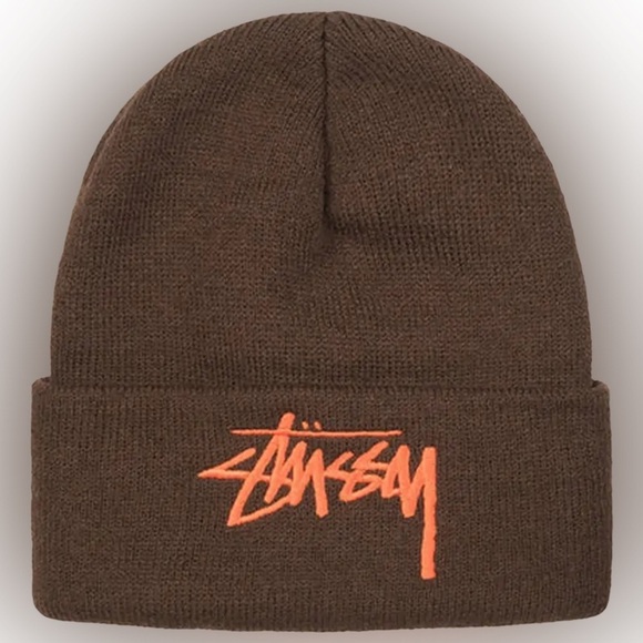Stussy Accessories - Stüssy Stock/Big Stock Cuff Beanie Brown Logo Y2K Streetwear Skater Unisex USA